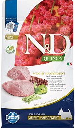 Суха храна за кастрирани и склонни към напълняване кучета N&D Dog Mini Weight Management — 7 кг, с агнешко месо, киноа, броколи и аспержи, от серията Quinoa, за дребни породи, над 1 година