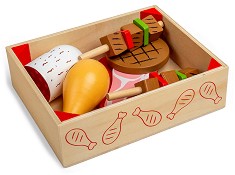 Дървена щайга с продукти Bigjigs Toys - Месни колбаси - С аксесоари — BJ474