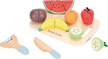 Дървени плодове за рязане - Lelin Toys - С ножче и дъска — L40292