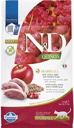 Суха храна за котки против образуване на космени топки N&D Hairball — 1,5 кг, с патешко, киноа, ябълки и червени боровинки, от серията Quinoa, над 1 година