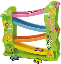 Дървена писта Животни - Viga Toys - С 4 колички — 59610