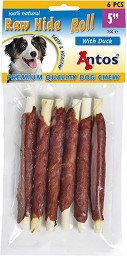 Натурални солети за кучета Antos Raw Hide White - 6 броя, с телешка кожа и патешко месо, за дребни и малки породи
