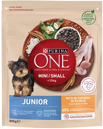 Суха храна за кучета Purina ONE Junior - 800 г, с пилешко и ориз, от серията Purina ONE MINI, за дребни и малки породи, от 1 до 12 месеца