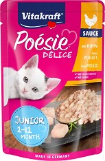 Пауч за котки Vitakraft Delice Junior - 85 г, с пилешко в сос, от серията Poesie, от 2 до 12 месеца