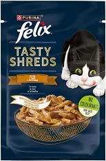 Пауч за котки Felix Tasty Shreds - 80 г, с пилешко в сос, за над 1 година
