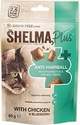Лакомства за котки против образуване на космени топки SHELMA Plus ANTI-HAIRBALL - 60 г, с пилешко и боровинки
