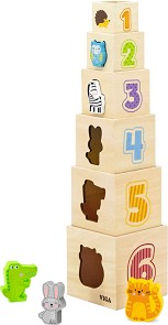 Пирамида от дървени кубчета Животни и цифри - Viga Toys - 6 броя — 44572