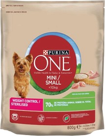 Суха храна за контрол на теглото и за кастрирани кучета Purina ONE Weight Control Sterilized - 800 г, с пуешко и ориз, от серията Purina ONE MINI, за дребни и малки породи в зряла възраст