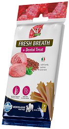 Дентални лакомства за свеж дъх за кучета N&D Adult Medium & Maxi Fresh Breath Dental Treat - 100 г, с агнешко, киноа и мента, от серията Quinoa, за средни и едри породи, над 4 месеца