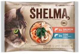 Паучове за котки SHELMA - 4 × 85 г, със сьомга и треска в сос