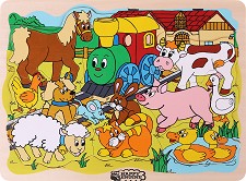 Веселото влакче във фермата - Детски дървен пъзел от 12 части — Woodyland 93008