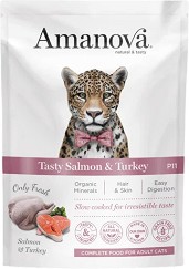 Пауч за котки Amanova Adult - 85 г, със сьомга и пуешко, в зряла възраст