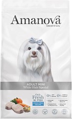 Натурална суха храна за кучета с бяла козина Amanova Adult Mini White Hair Special — 0,8 кг, с бяла риба, за дребни и малки породи, над 10 месеца