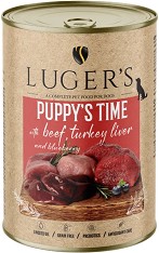 Консерви за кучета Luger's - 6 × 400 г, с говеждо, пуешки дроб и боровинки, от серията Puppy's Time, за подрастващи кучета