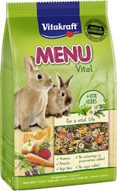 Храна за декоративни и мини зайчета Vitakraft Menu Vital — 1 кг, с люцерна, ябълка и тиква